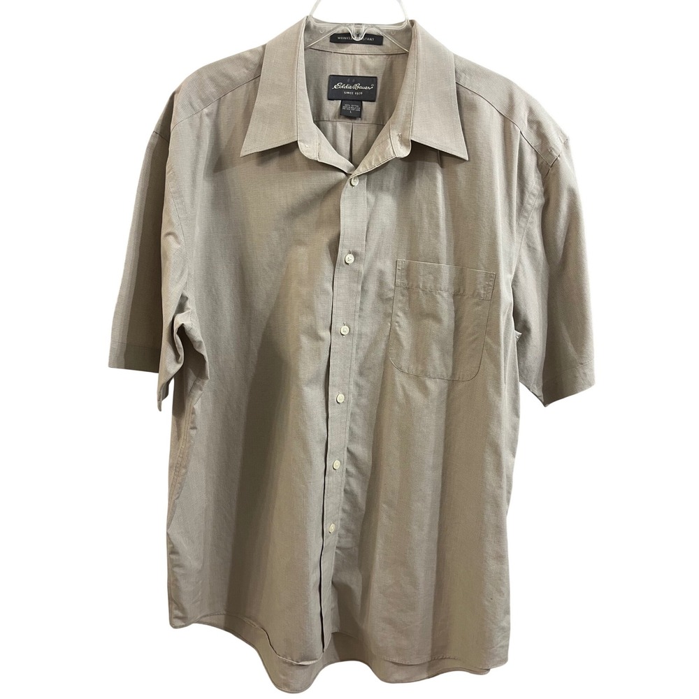 Eddie Bauer Mens Large Tan Micro Check Short Sleeve Button Down Shirt Cotton L